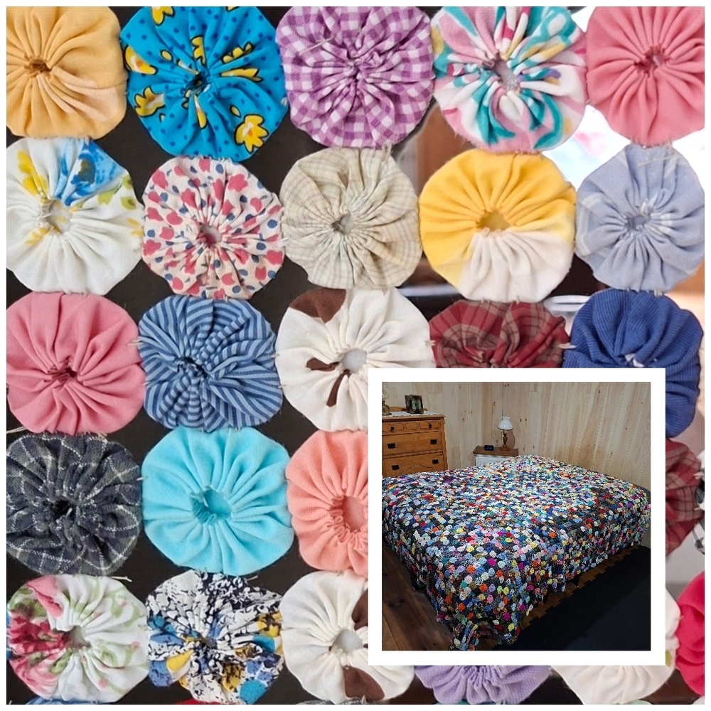 Vintage Yo-Yo Quilt Handmade RARE Queen Bed Cover 96" X 96"